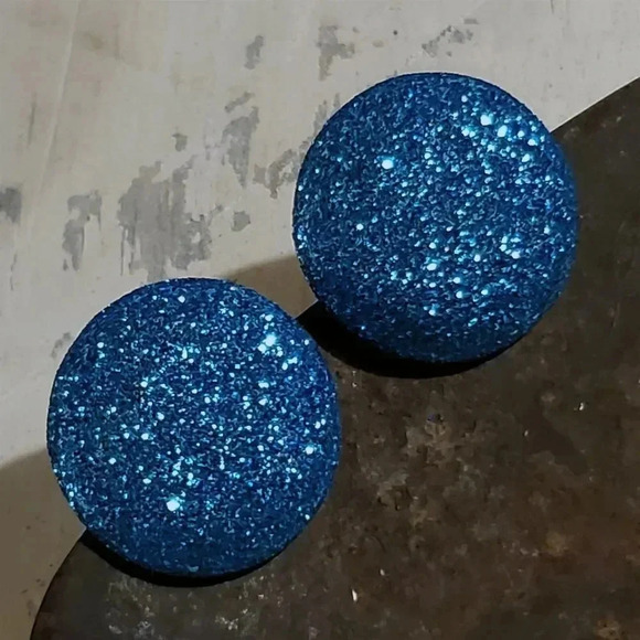 Retro 80s Club Glam Disco Sparkly Turquoise Blue Fabric Button Earrings - Picture 5 of 9